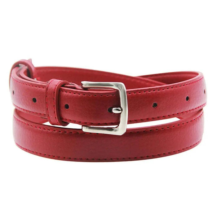 A red leather belt with a silver buckle, showing close-up details of the stitching and embossed brand name.