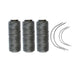 Three gray rolls of sewing thread with four needles.