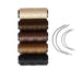 Five rolls of sewing thread in beige, brown, dark brown, khaki, and gray with four needles.