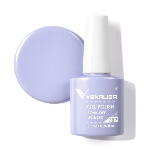 Periwinkle blue gel nail polish display on white background.