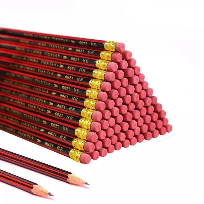 Red and black pencils with red erasers and golden part on top of them in the end of the pencil, each marked '6621 HB' arranged neatly with several sharpened tips visible. Display on white background.