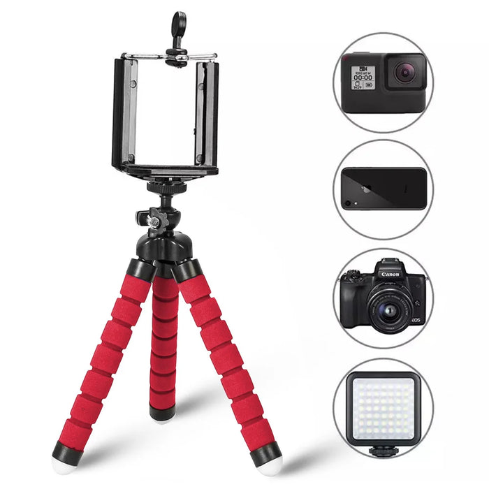 A flexible tripod with red foam legs and a black adjustable phone holder, shown with compatibility options for a GoPro, smartphone, DSLR camera, and LED light.