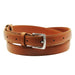 A brown leather belt with a silver buckle, showing close-up details of the stitching and embossed brand name.