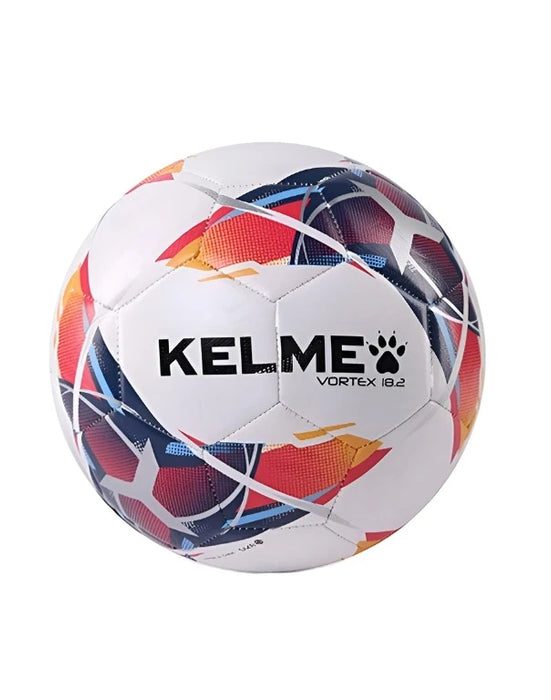 White Kelme Vortex soccer ball with multicolor pattern.