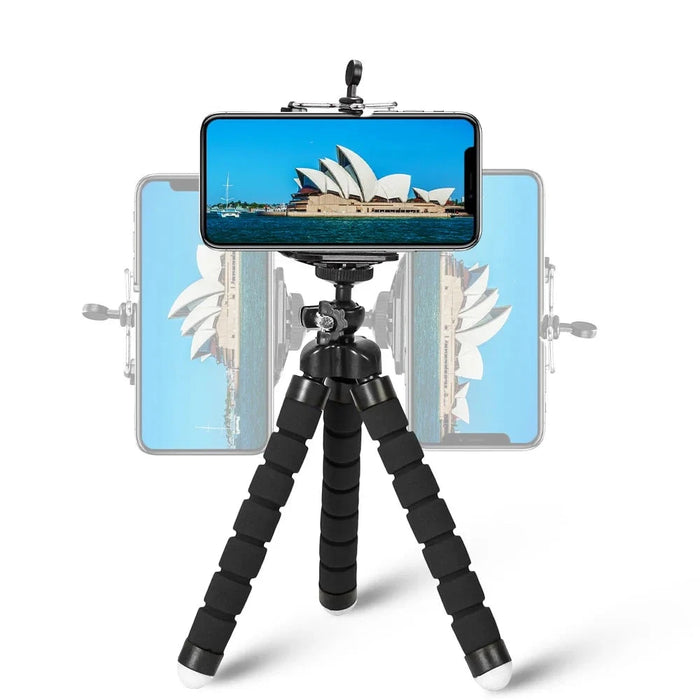 Black flexible tripod with a phone attached, showing its rotation capabilities and stability.