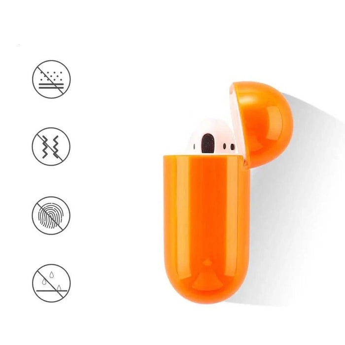 an orange protective case with a capsule-like design. The case is open, revealing a small, white, character-like figure inside, resembling a cartoon ghost. Surrounding the image are four icons that suggest the case's protective features, such as resistance to dust, scratches, fingerprints, and water.