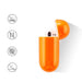 an orange protective case with a capsule-like design. The case is open, revealing a small, white, character-like figure inside, resembling a cartoon ghost. Surrounding the image are four icons that suggest the case's protective features, such as resistance to dust, scratches, fingerprints, and water.