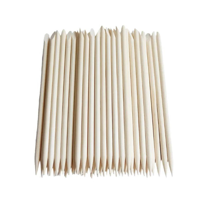 50 pieces of orange wood nail sticks display on white background.