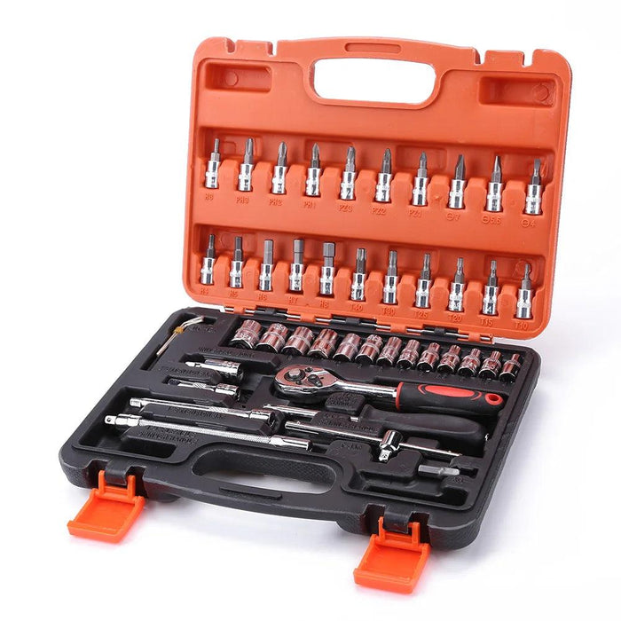 a black and orange plastic carrying case with an organized set of socket wrenches and bits. The case includes a ratchet wrench and various extensions, highlighting its versatility for different tasks.