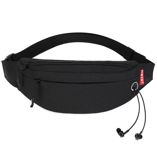 A black fanny pack with a front zipper pocket, featuring a headphone hole with headphones come out of the hole and a red label.