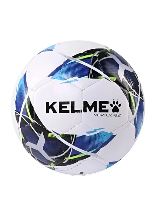 White Kelme Vortex soccer ball with blue pattern.