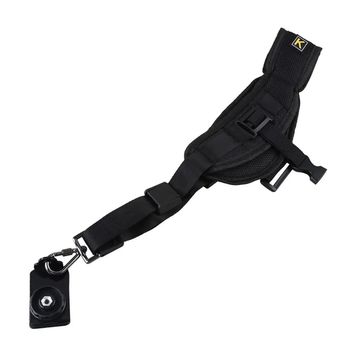 One shoulder strap with its padded section and adjustable strap, highlighting the quick-release plate and metal carabiner clip.