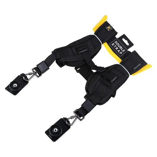 The double camera shoulder straps displayed against a white background, emphasizing the padded sections, adjustable buckles, and quick-release plates.