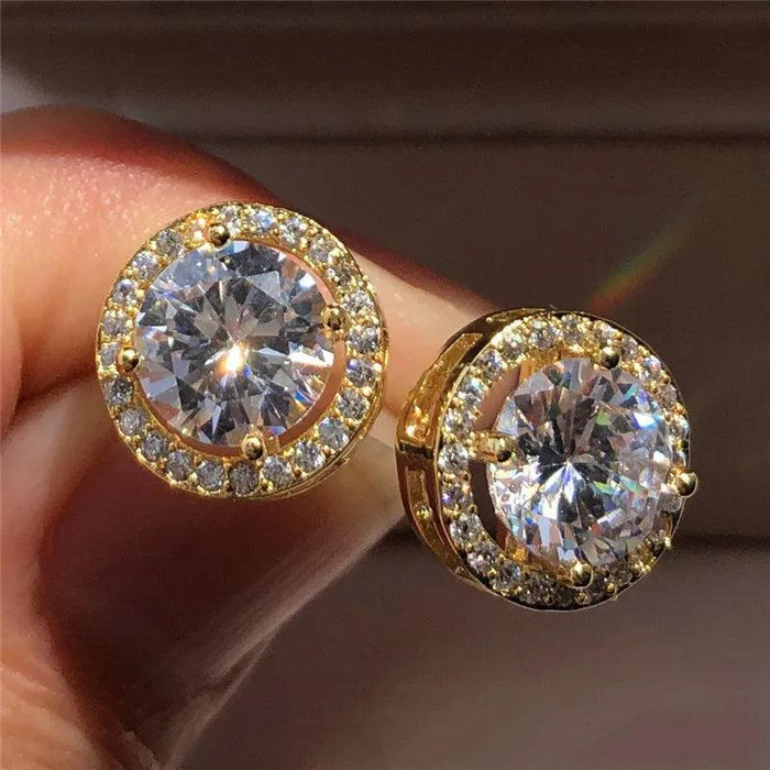 Luxury Crystal Round Stud Earrings, Dazzling Zircon Crystals, Timeless Design, Yellow Gold or Silver, Push-Back Closure, Perfect for Special Occasions