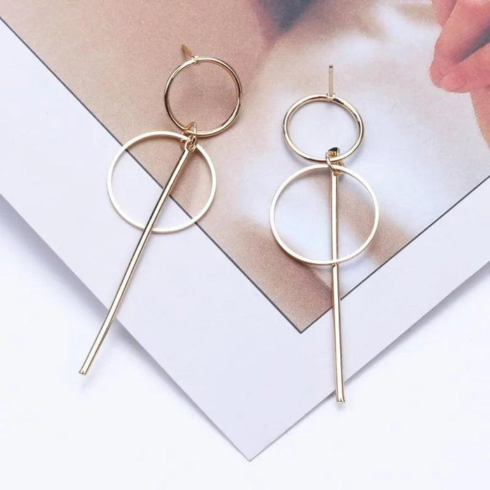 Double Circle Hoop Dangle Earrings, Geometric Design, Gold and Silver, Lightweight, Trendy, Zinc Alloy