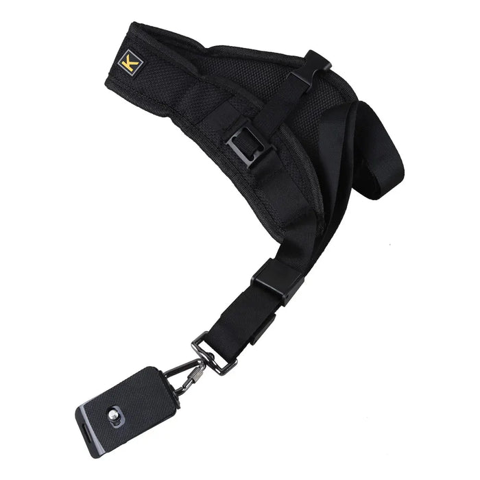 shoulder strap, featuring the padded shoulder section, adjustable straps, and quick-release plate with metal carabiner clip.