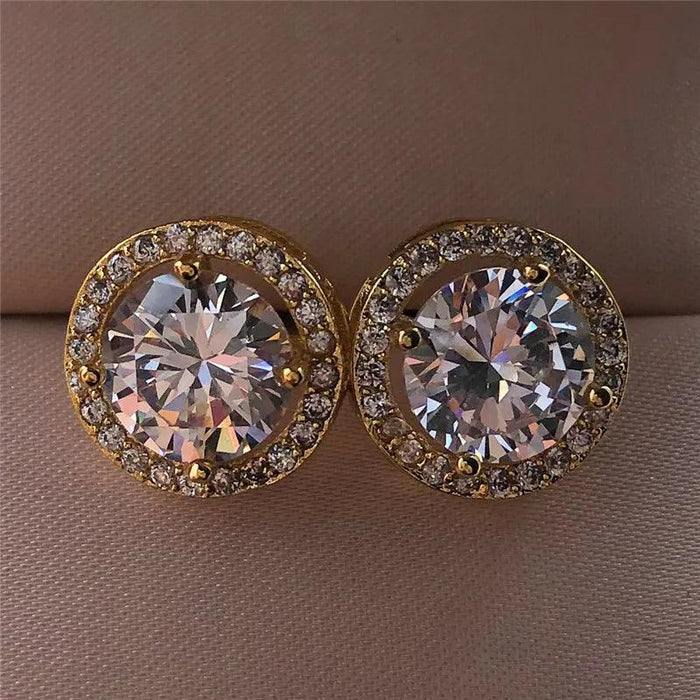 Luxury Crystal Round Stud Earrings, Dazzling Zircon Crystals, Timeless Design, Yellow Gold or Silver, Push-Back Closure, Perfect for Special Occasions