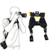 Illustration of a person wearing the double camera shoulder straps while holding a camera, with the straps packaging shown to the side.