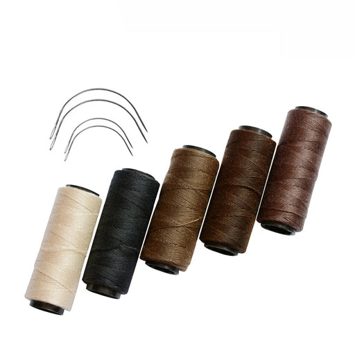 Five rolls of sewing thread in beige, brown, dark brown, khaki, and gray with four needles.