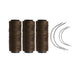 Three dark brown rolls of sewing thread with four needles.