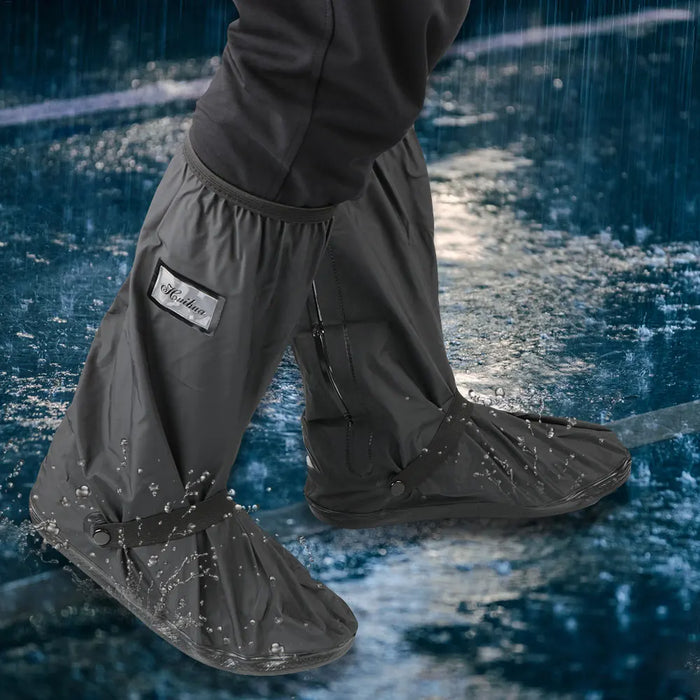 Action shot of waterproof shoe covers in use, effectively keeping feet dry during heavy rain.