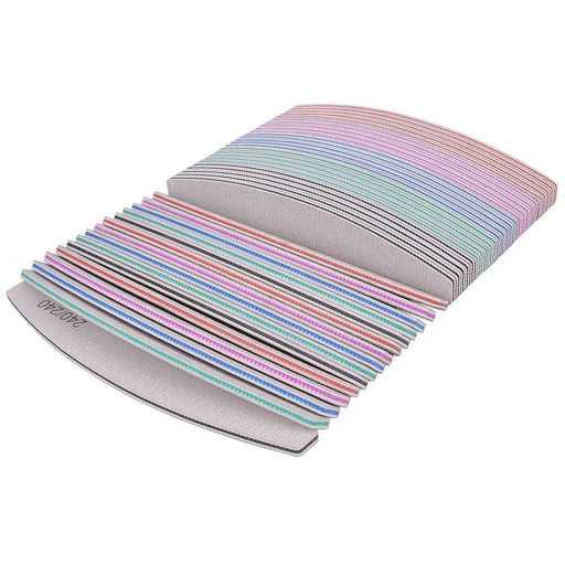 A large stack of nail files, arranged side by side in a perfectly aligned manner. Each file is still labeled with its grit size, and the color-coded edges are visible. The files are displayed from a top angle, emphasizing the organized and neatly stacked arrangement.