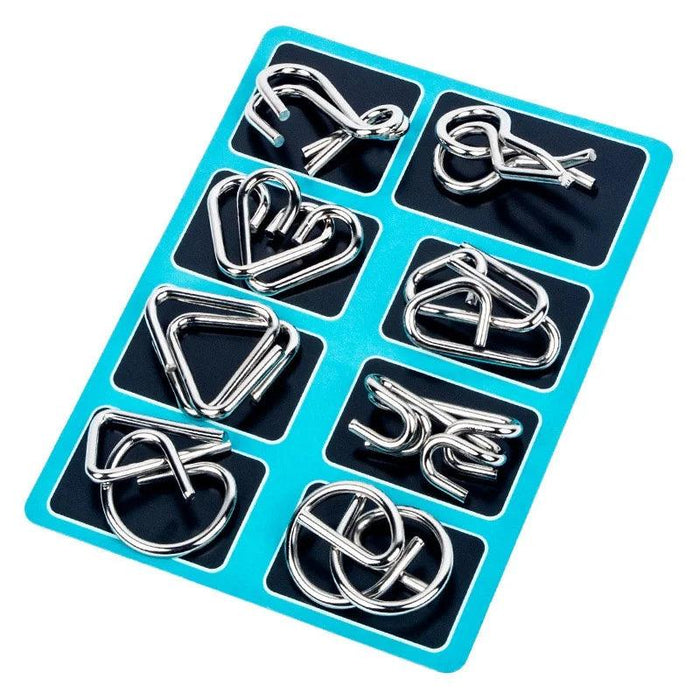 Blue tray with eight metal wire puzzles of various shapes, designed to test problem-solving skills.