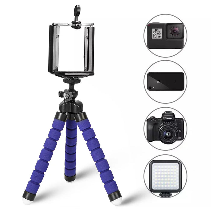 A flexible tripod with blue foam legs and a black adjustable phone holder, shown with compatibility options for a GoPro, smartphone, DSLR camera, and LED light.