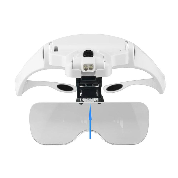 Front view of a white illuminated headband magnifier visor, showcasing the adjustable LED lights and flip-down lens for detailed close-up work.