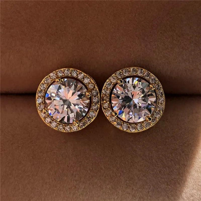 Luxury Crystal Round Stud Earrings, Dazzling Zircon Crystals, Timeless Design, Yellow Gold or Silver, Push-Back Closure, Perfect for Special Occasions