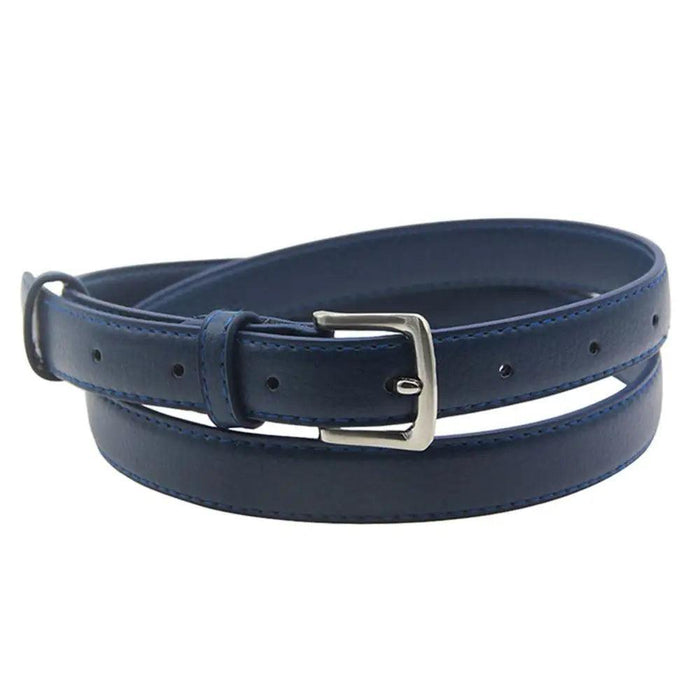 A blue leather belt with a silver buckle, showing close-up details of the stitching and embossed brand name.