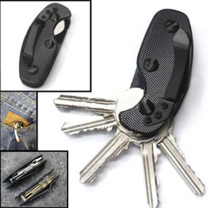 A black key organizer attached to a set of keys, shown alongside small insets demonstrating its portability in a pocket, with keys neatly folded inside.