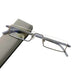 A pair of rectangular eyeglasses with thin, gray frames and clear lenses is placed on a gray eyeglass case. The background is white, highlighting the contrast between the gray frames and the clear lenses.