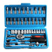 a blue plastic carrying case with an organized set of socket wrenches and bits. The case includes a ratchet wrench and various extensions, highlighting its versatility for different tasks.