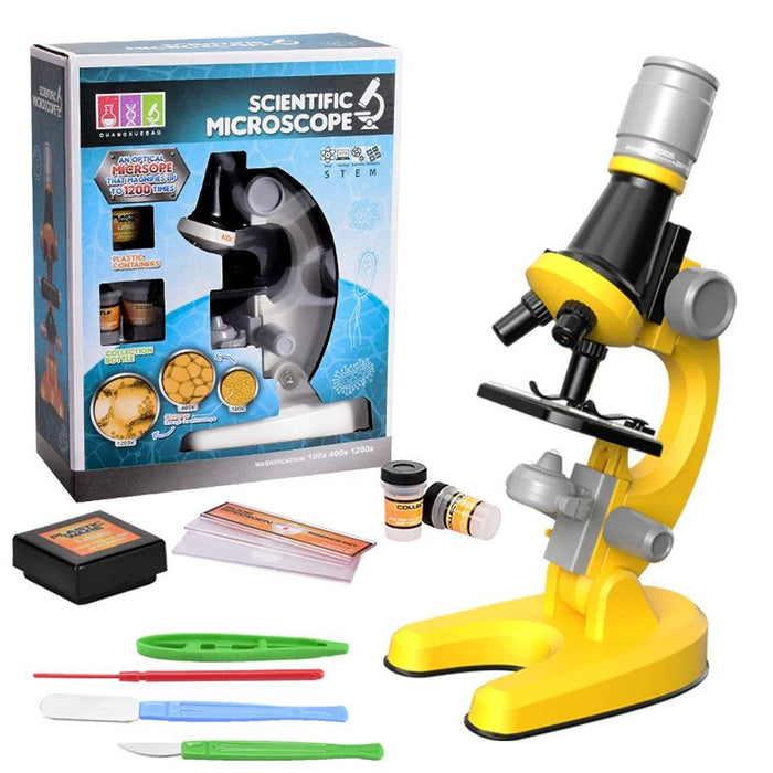 A yellow and black microscope with a boxed set, including tools and sample containers, labeled as a scientific microscope with magnification up to 1200x.