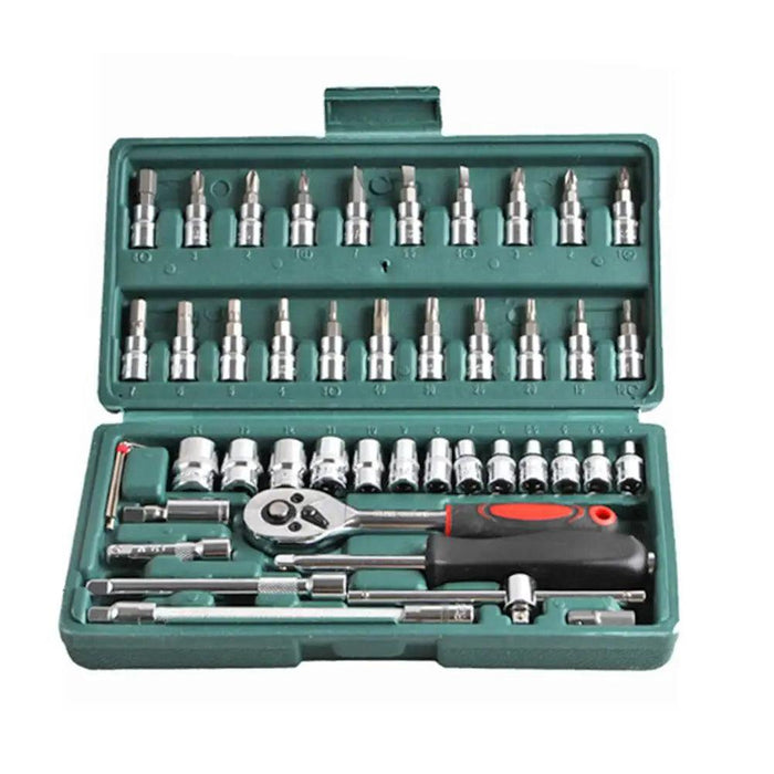 a teal plastic carrying case with an organized set of socket wrenches and bits. The case includes a ratchet wrench and various extensions, highlighting its versatility for different tasks.