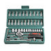 a teal plastic carrying case with an organized set of socket wrenches and bits. The case includes a ratchet wrench and various extensions, highlighting its versatility for different tasks.