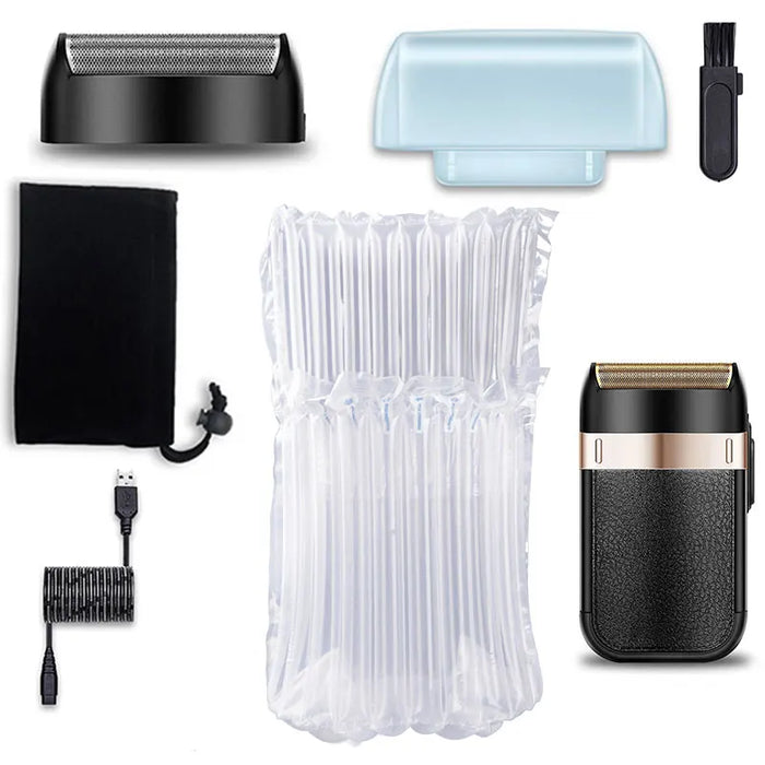 The Kemei shaver and its accessories, including a bubble wrap protective case, indicating the thorough protection and care in packaging.