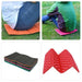 Foam Mats in Use: A collage showing the foam mats being used outdoors. One image shows a person sitting on an orange mat, another image shows a person sitting on a red mat. The bottom images display a stack of foam mats in different colors and a red mat folded in a zigzag pattern, highlighting their portability and versatility.