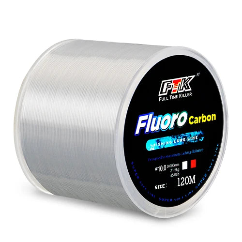 A close-up image of a spool of fluorocarbon fishing line, labeled "Fluoro Carbon" by FTK, showing the same size and test strength details.