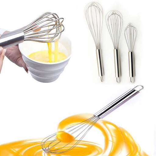 A collage showing three different sizes of stainless steel whisks. A close-up of a whisk in action with an egg mixture and a digitally illustrated whisk with a swirling egg mixture, emphasizing the whisks' versatility in different sizes for various kitchen tasks.