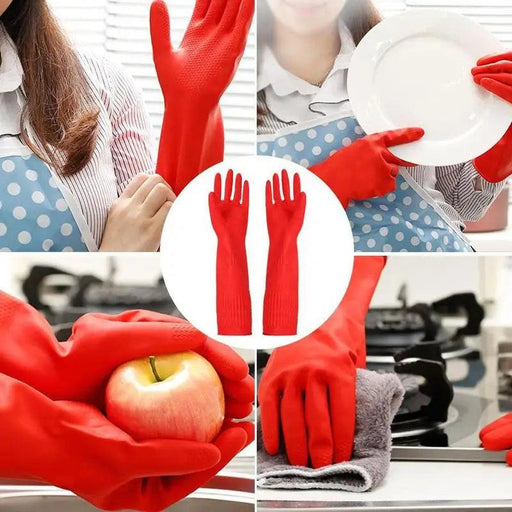 A collage of four images of using red gloves for cleaning, holding food, washing dishes and how to wear the gloves. When a white background image of red gloves appears in the middle of the collage.