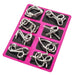 Pink tray with eight metal wire puzzles of various shapes, designed to test problem-solving skills.