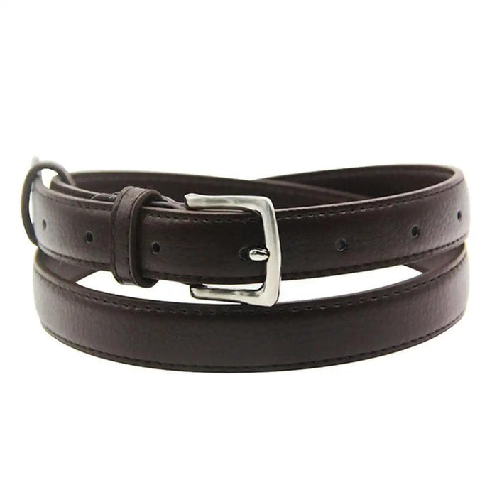 A coffee leather belt with a silver buckle, showing close-up details of the stitching and embossed brand name.