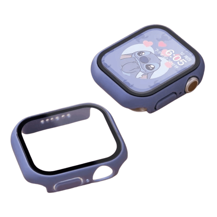 A smartwatch with a blue protective case displays a cartoon character with hearts on the screen. The case is removed and placed next to the watch.