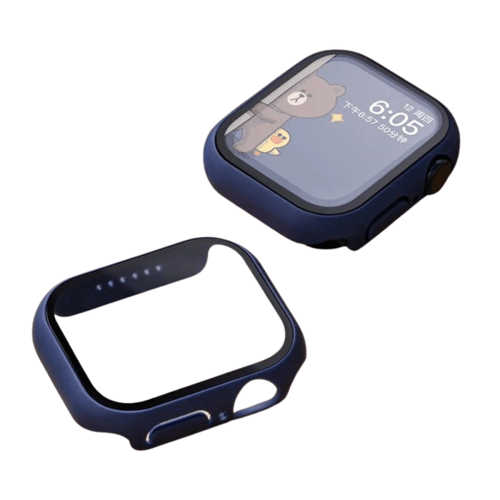 A smartwatch with a dark blue protective case displays a cartoon bear and a small duck on the screen. The case is removed and placed beside the watch.