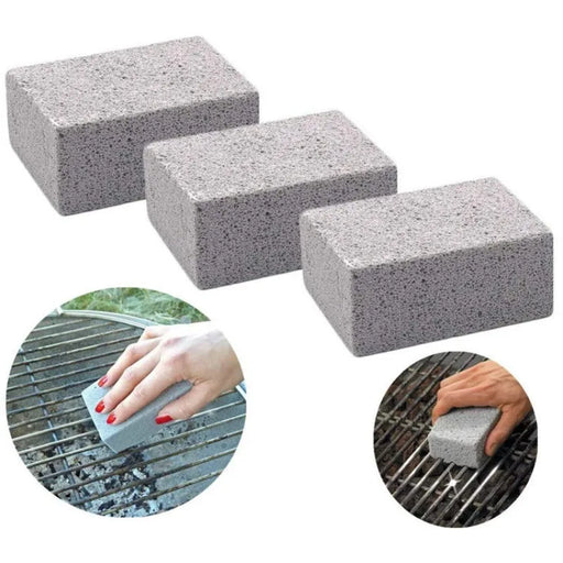 Three gray pumice stones are displayed in a row, with two circular insets showing close-up shots of a person using the pumice stone to clean grill grates.