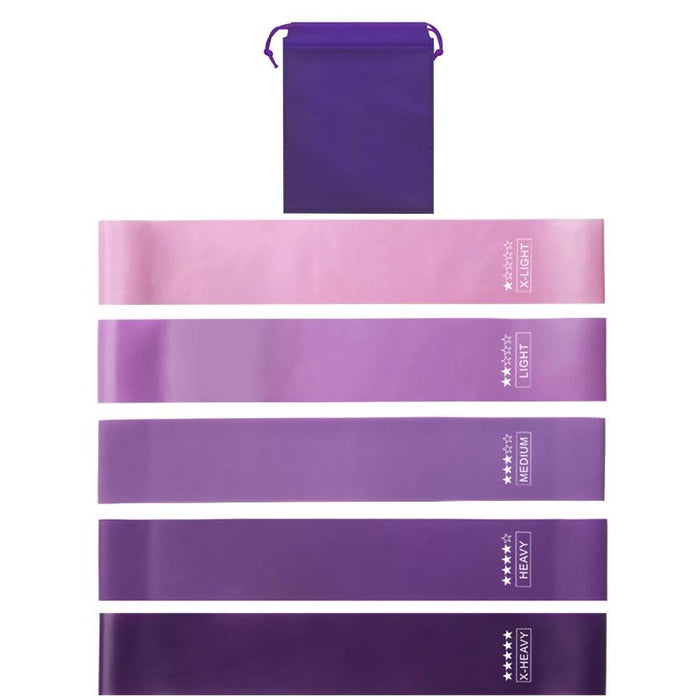 Five resistance bands with varying shades of pink and purple, labeled from "X-Light" to "X-Heavy." A purple drawstring bag above them.