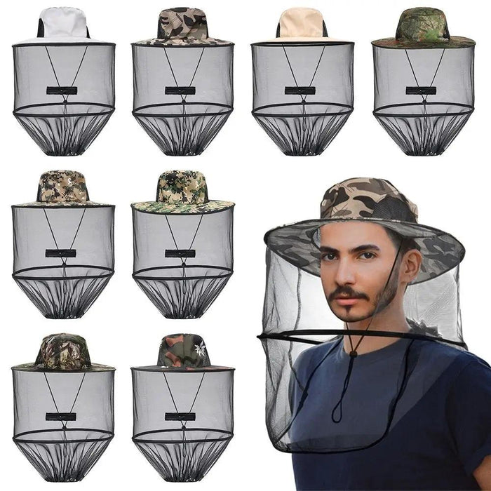 Nine camo-patterned hats with black mesh nets for face protection, displayed in various camouflage styles with a person wearing this cap beside the nine caps.