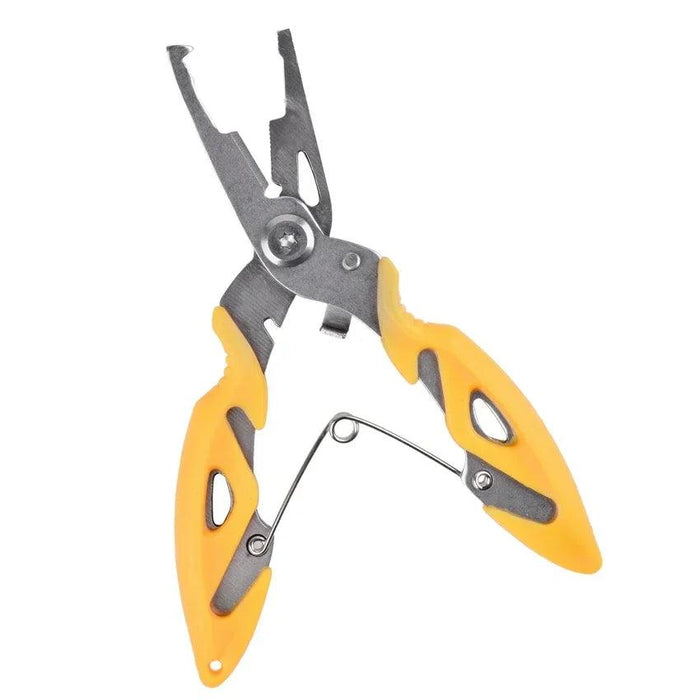 A pair of fishing pliers with yellow handles, featuring a multi-functional design including a line cutter and split ring opener.